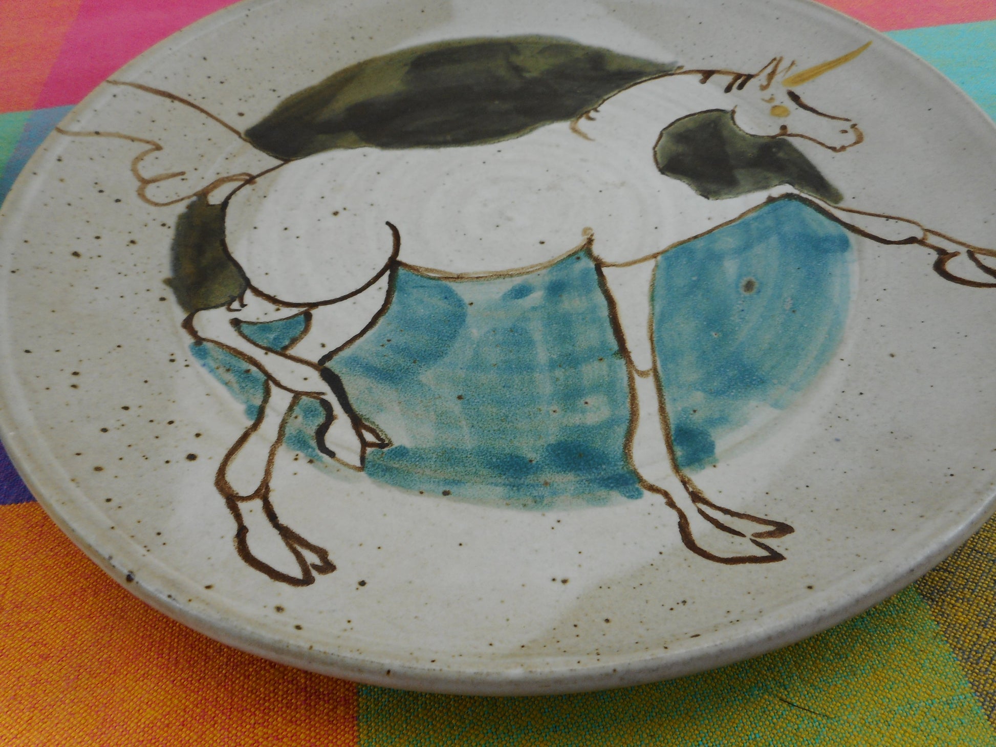 Sheldrake Vintage 1978 Art Pottery Serving Plate 11" Platter - Unicorn Horse Blue White Brown