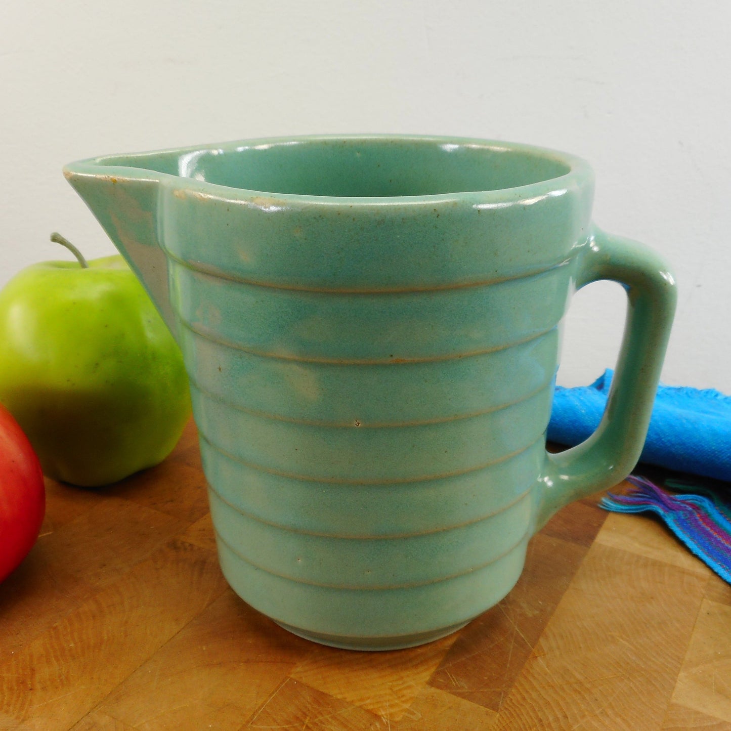 USA Vintage Unbranded 5" Turquoise Stoneware Pottery Pitcher - Bands Rings Ribs