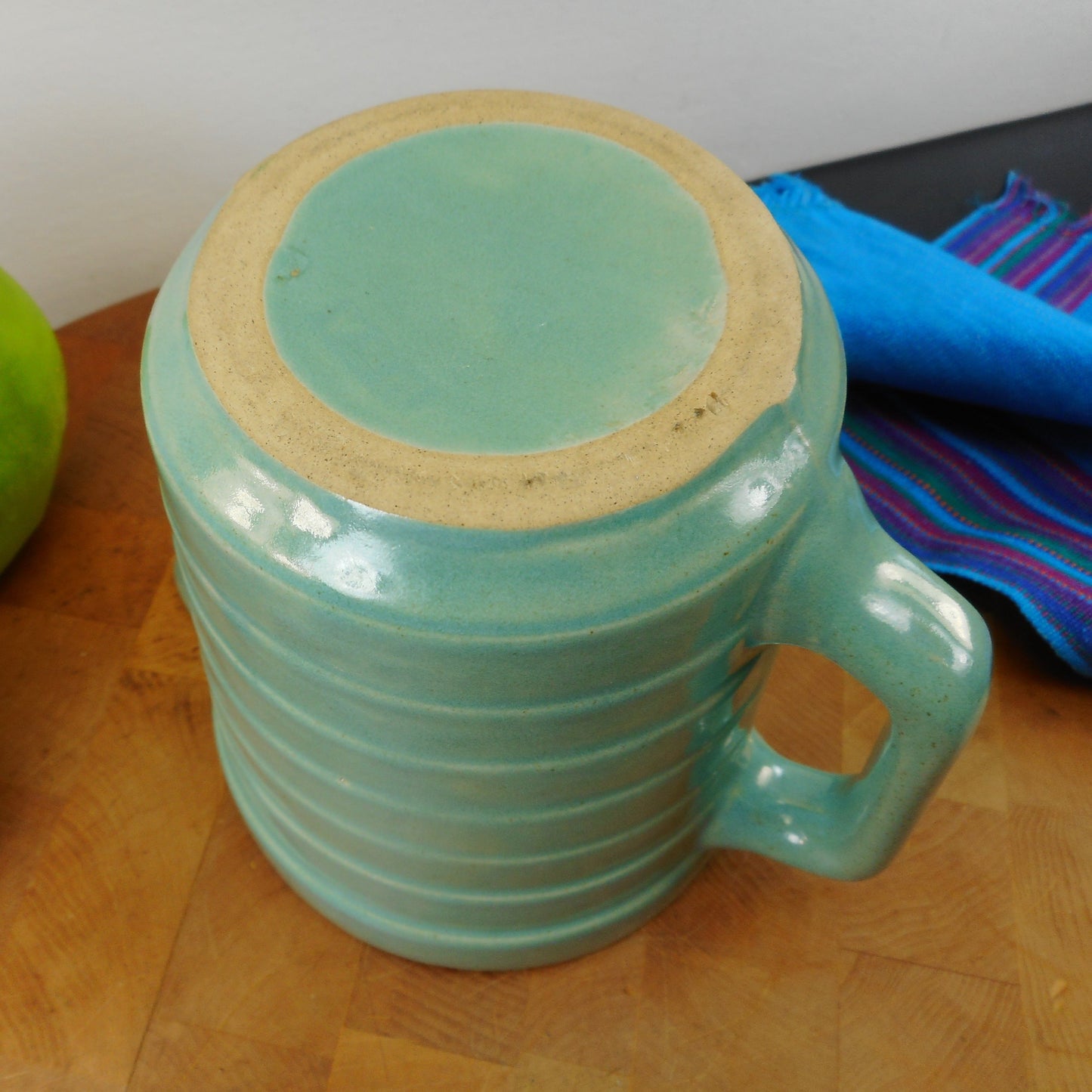 USA Stamped Vintage Unbranded 5" Turquoise Stoneware Pottery Pitcher - Bands Rings Ribs