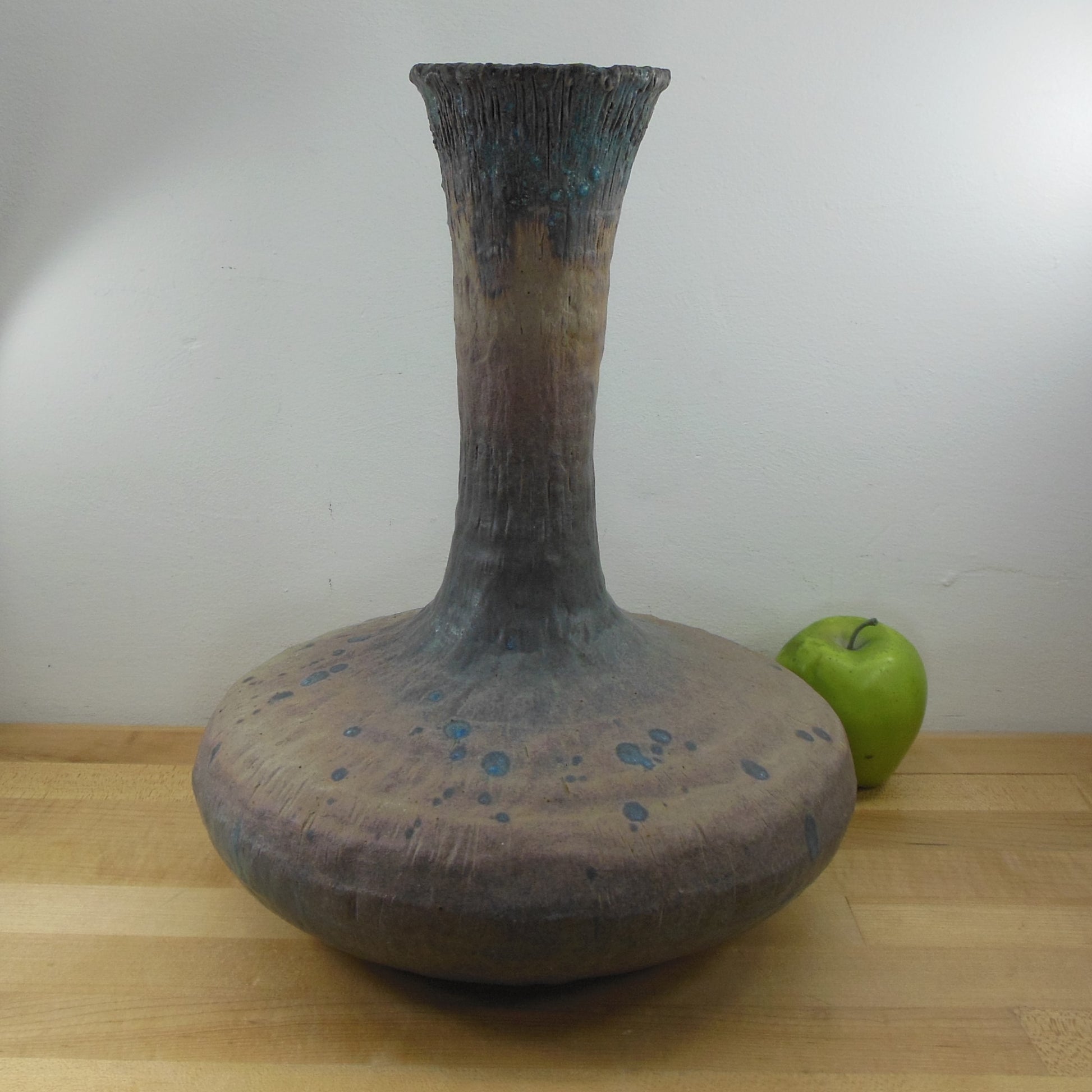 Unsigned MCM Large Drip Lava Pottery Vase Bulbous Base 14" Blue Purple Tan