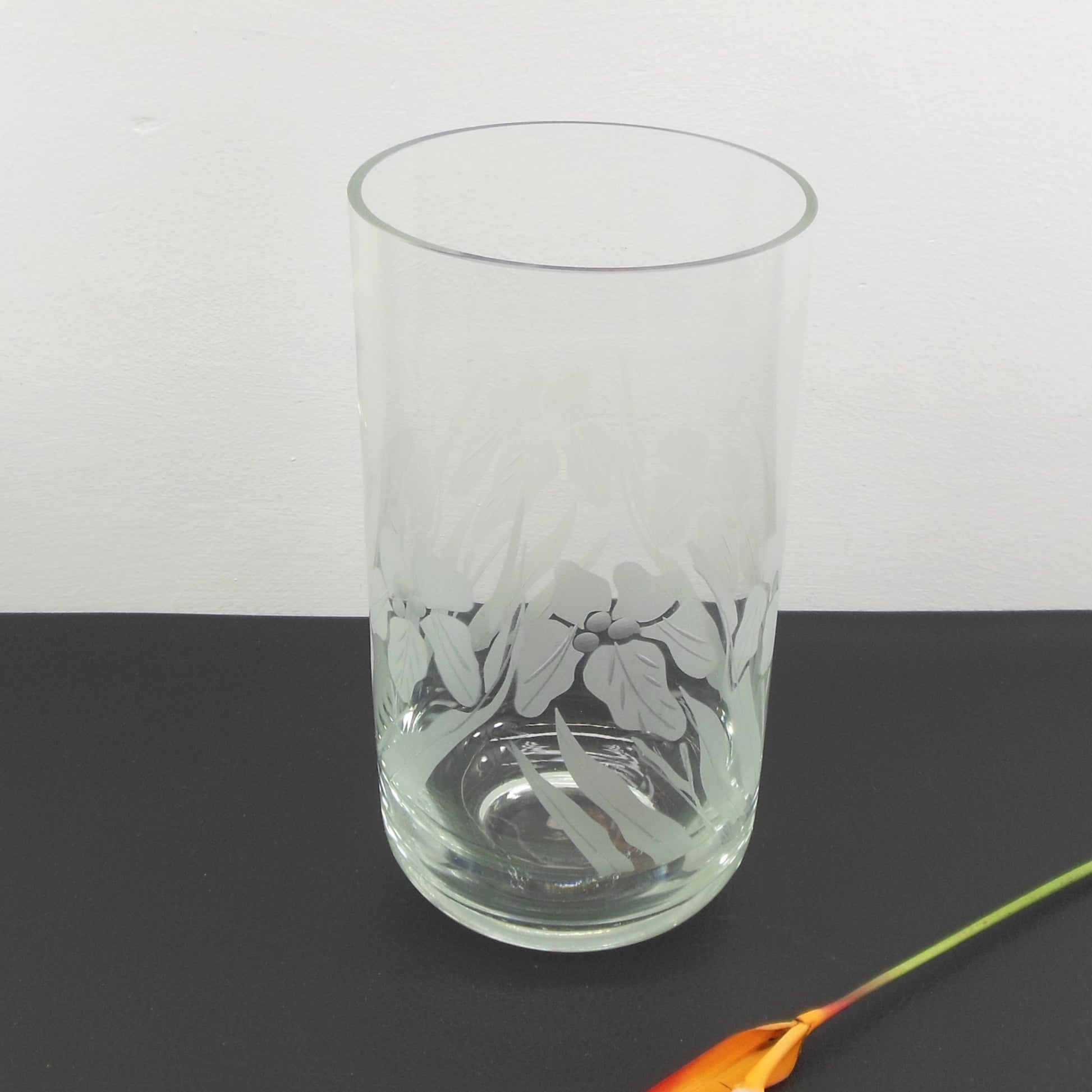 Etched Clear Glass Cylinder Vase Iris Flowers 9.5"