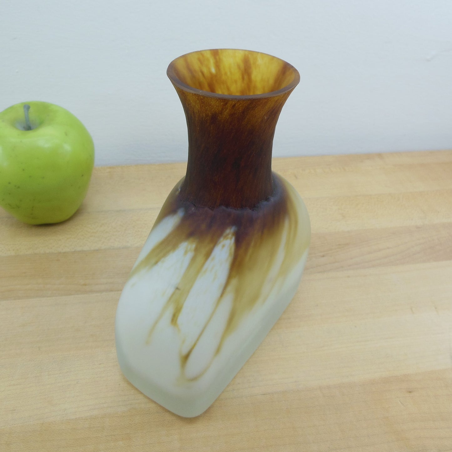 Frosted Cased White Brown Art Glass Vase Tortoise Shell Vintage