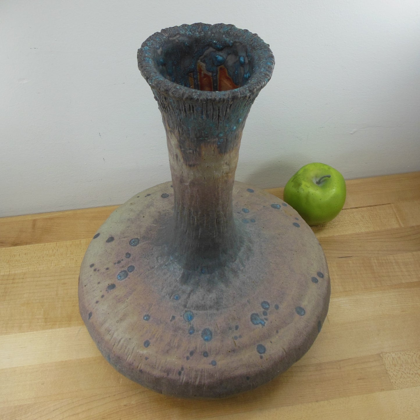 Unsigned MCM Large Drip Lava Pottery Vase Bulbous Base 14" Blue Purple Tan Vintage