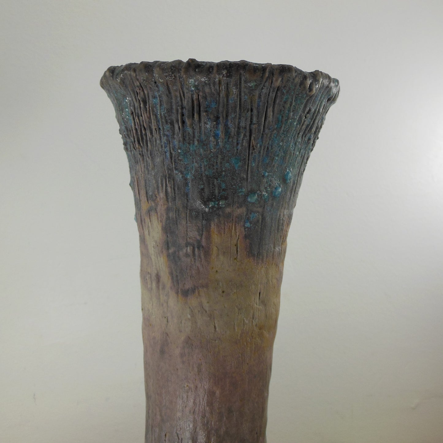 Unsigned MCM Large Drip Lava Pottery Vase Bulbous Base 14" Blue Purple Tan Hatch Marks