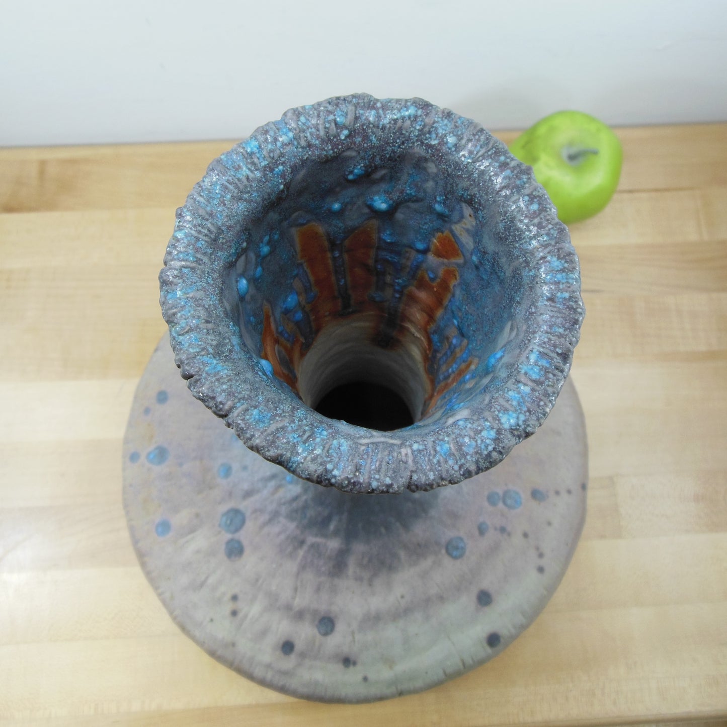 Unsigned MCM Large Drip Fat Lava Pottery Vase Bulbous Base 14" Blue Purple Tan