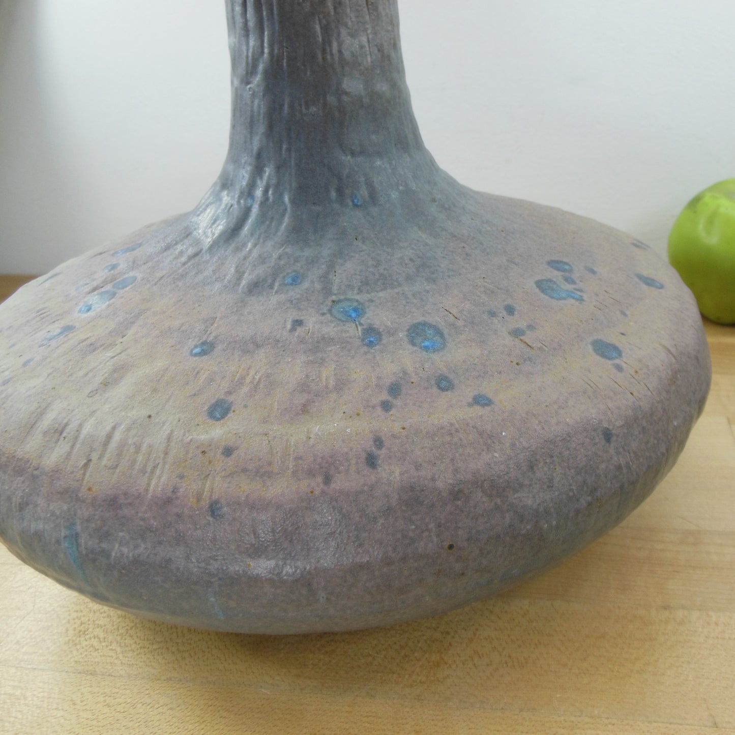 Unsigned MCM Large Drip Lava Pottery Vase Bulbous Base 14" Blue Purple Tan Mauve