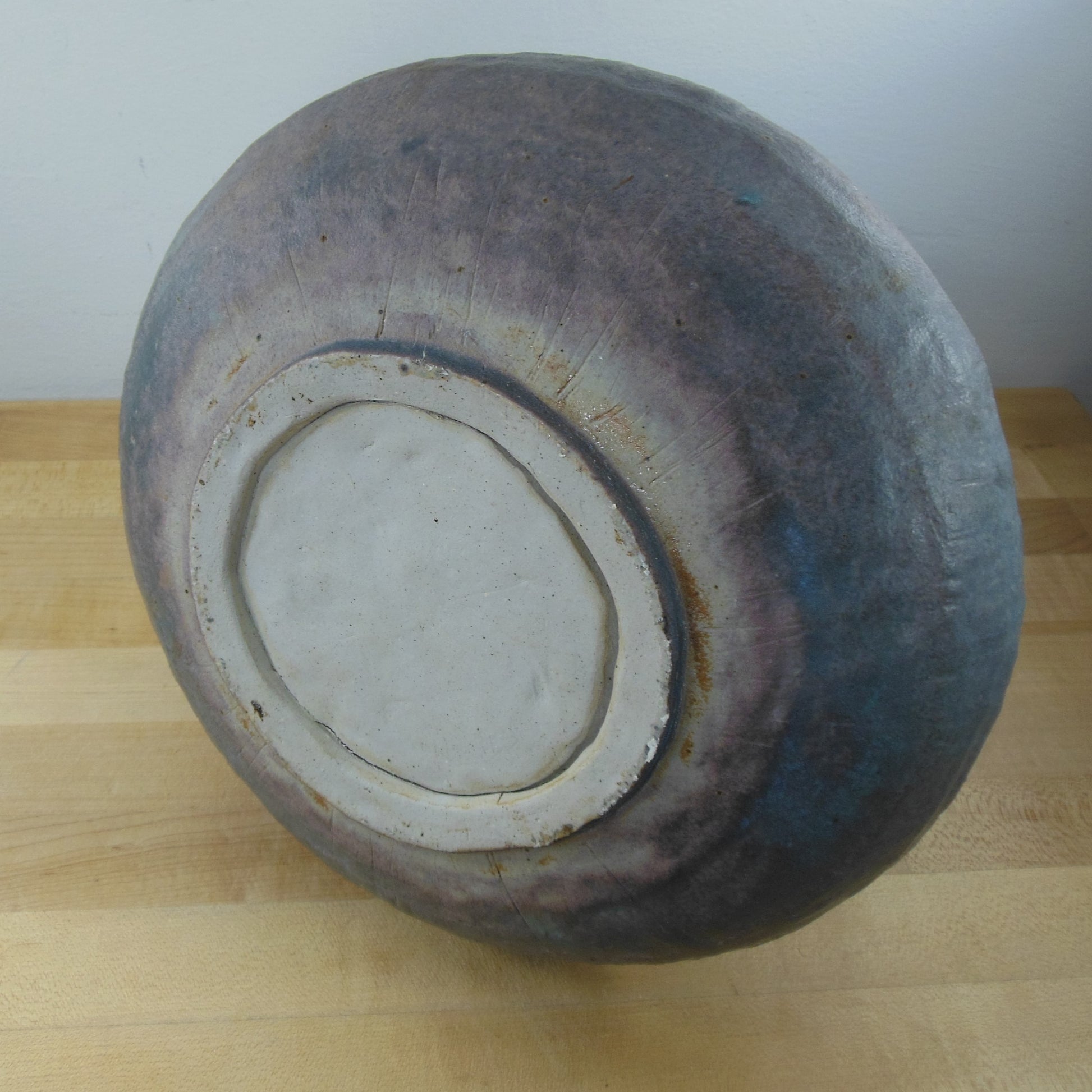 Unsigned MCM Large Drip Lava Pottery Vase Bulbous Base 14" Blue Purple Tan Coil
