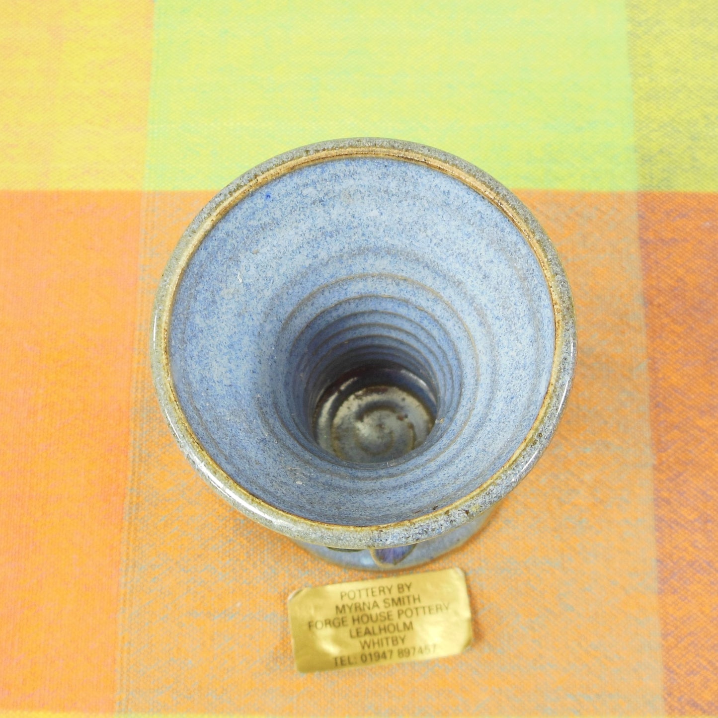 Myrna Smith Forge House Pottery England Small Blue Violet Vase Label