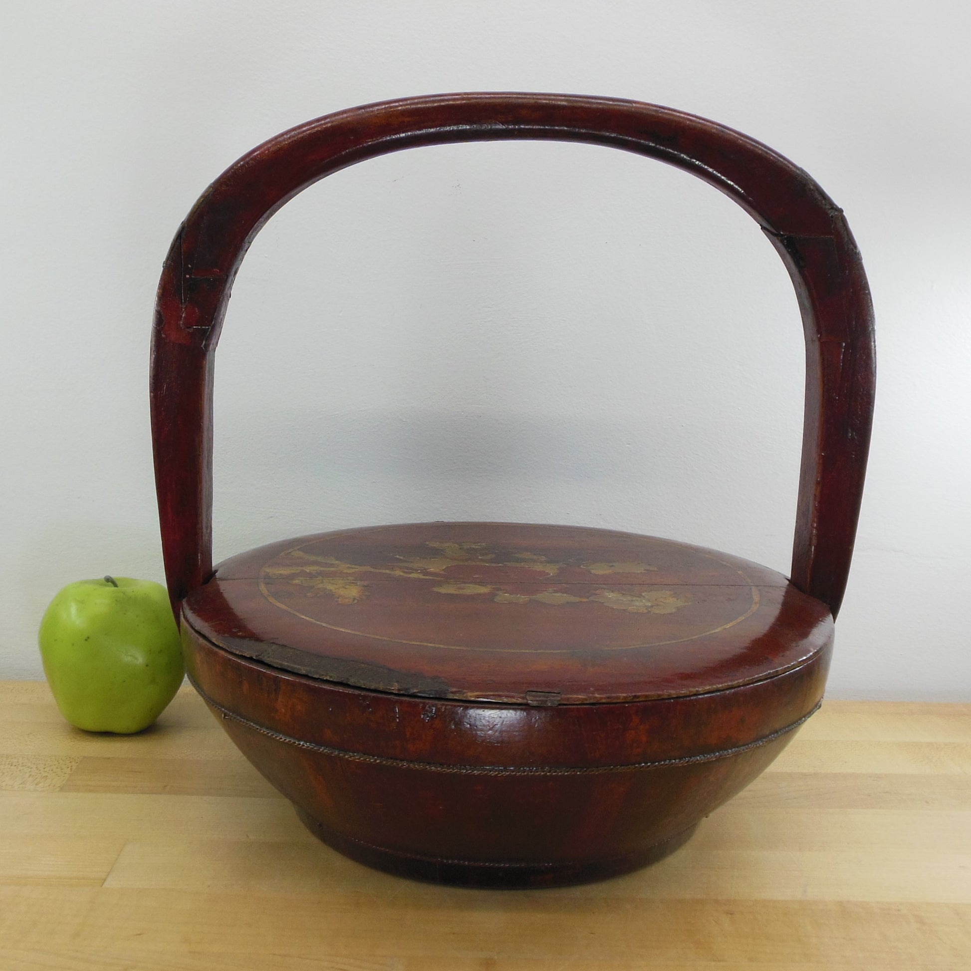 Antique Chinese Lacquer Wood Wedding Basket Signed