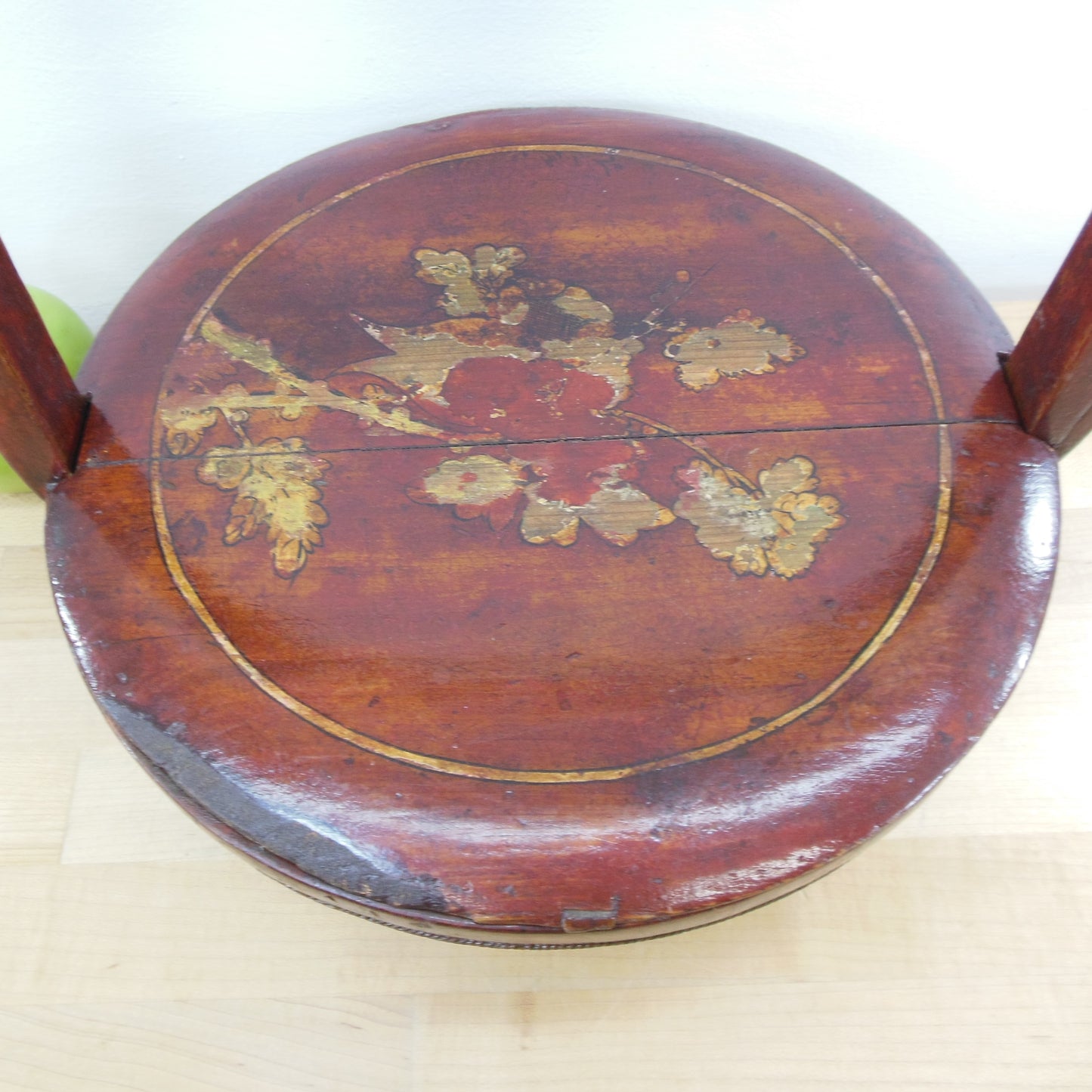 Antique Chinese Lacquer Wood Wedding Basket Signed Floral Design