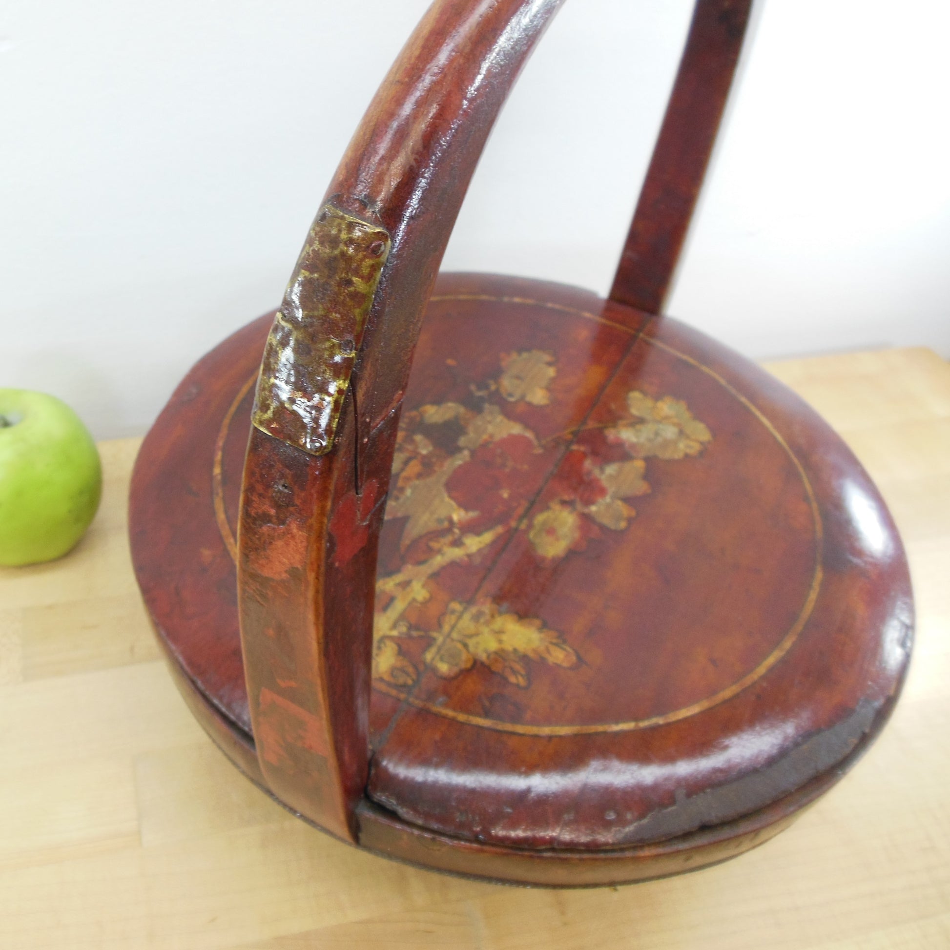 Antique Chinese Lacquer Wood Wedding Basket Signed Tall handle