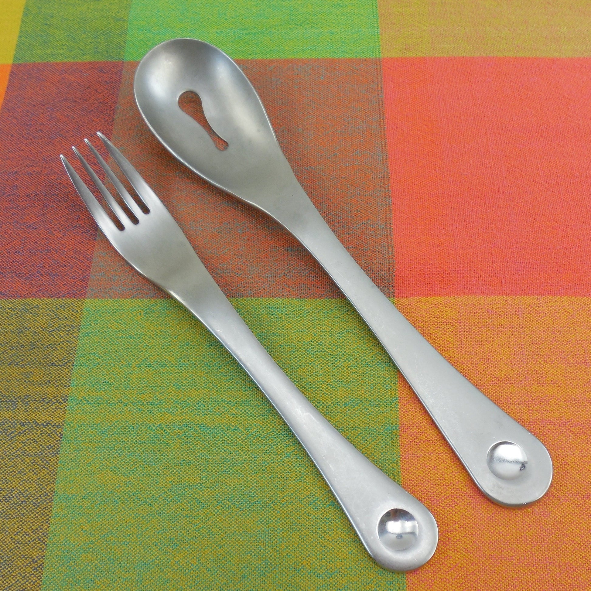 Robert Welch Pendulum Pattern Stainless Flatware - Slotted Serving Spoon and Dinner Fork