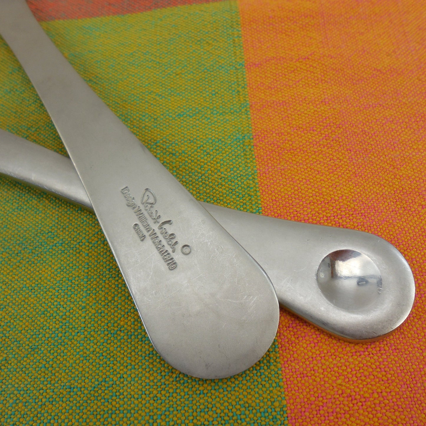 Robert Welch Pendulum Pattern Stainless Flatware - Slotted Serving Spoon and Dinner Fork.. signed logo