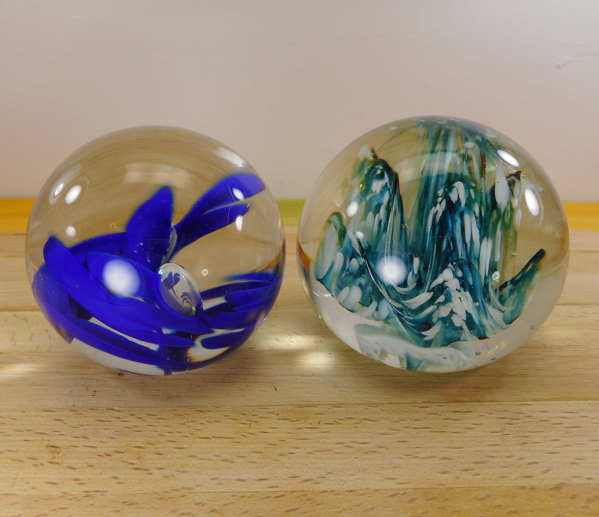  S. Wilkerson Pair 1981 Signed Art Glass Paperweights Blue Teal