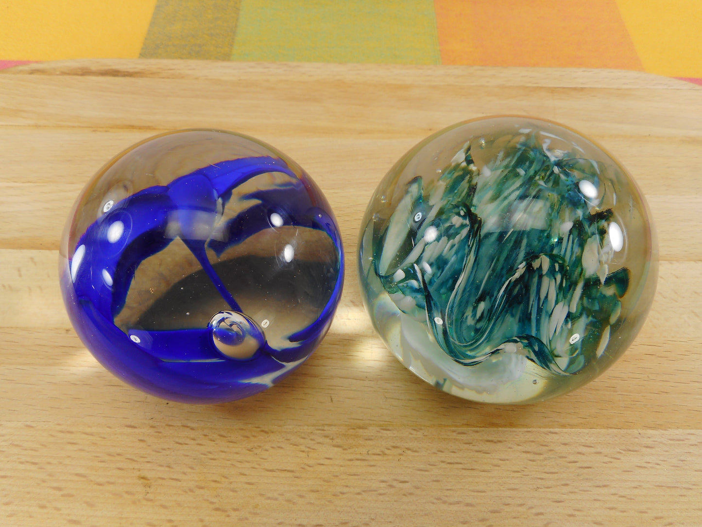  S. Wilkerson Pair 1981 Signed Art Glass Paperweights Blue Teal Vintage