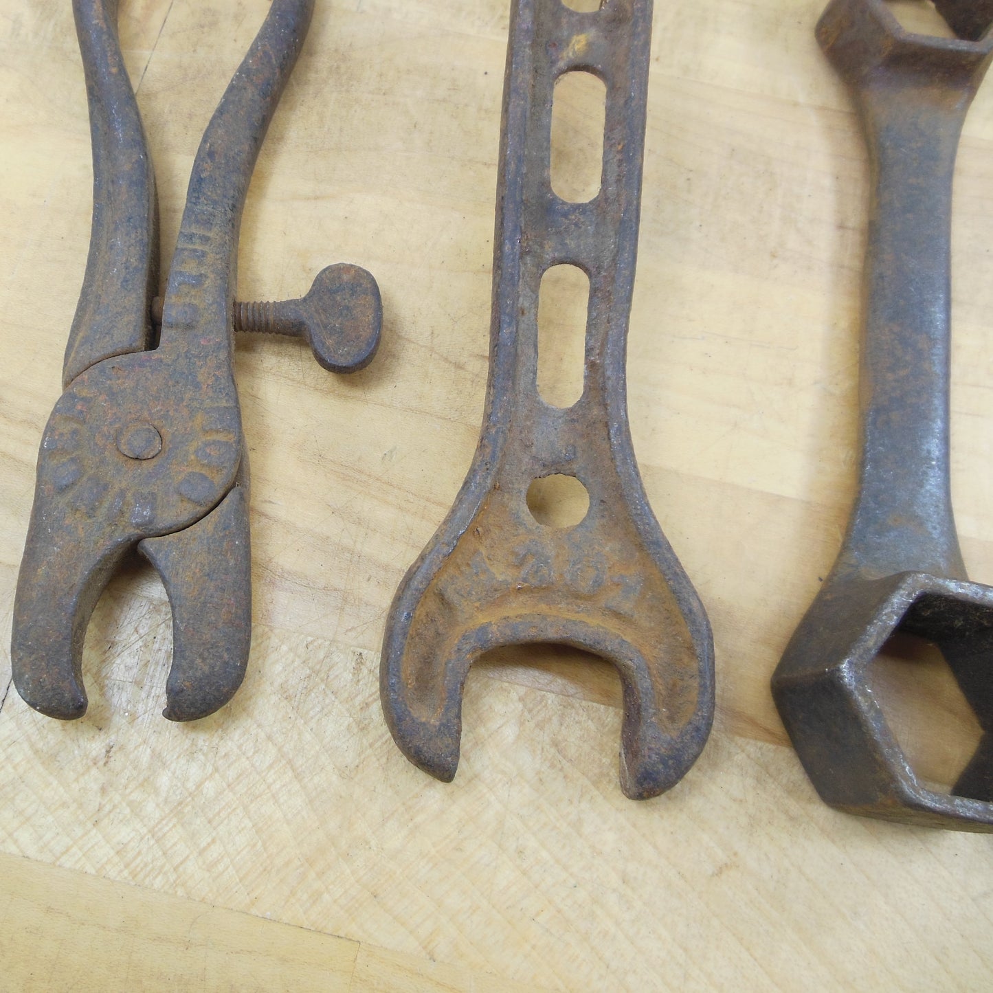Antique 4 Lot Old Iron Farm Plow Wrench Tools Hog Ringer Used