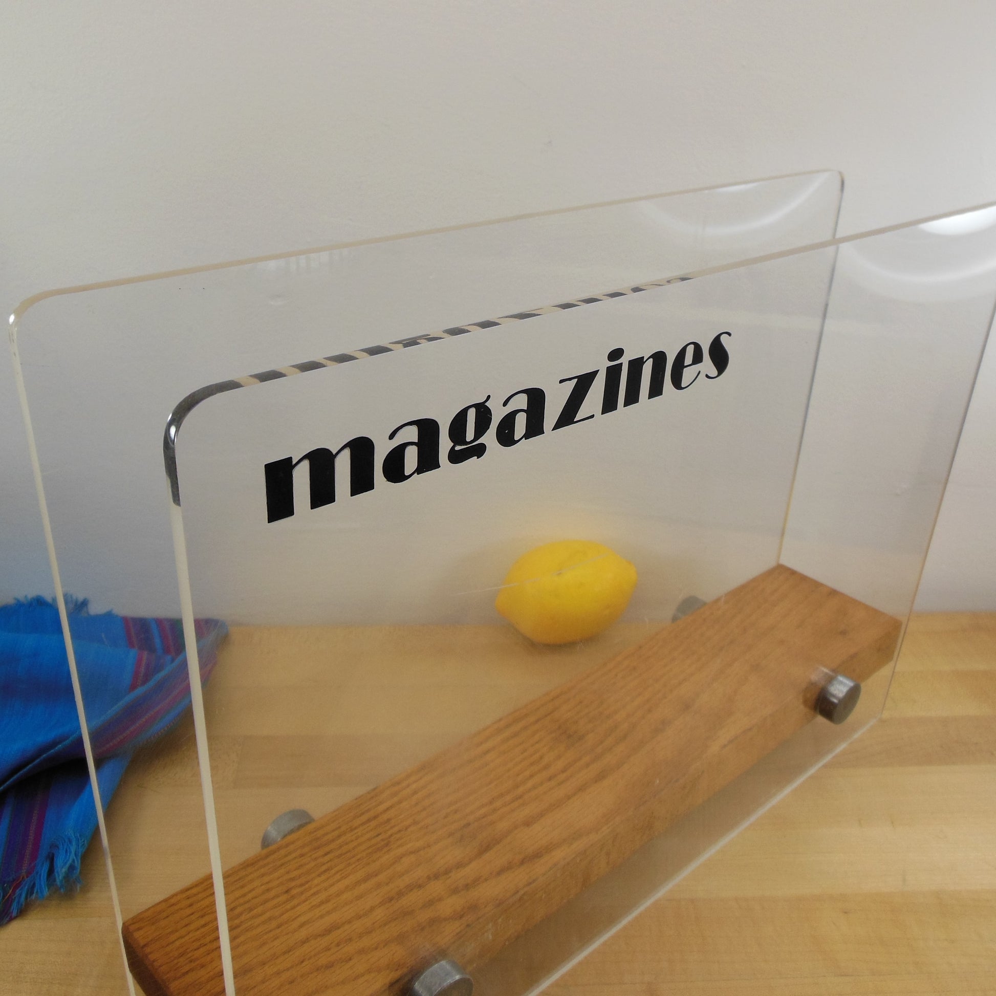 Lucite Acrylic Magazine Rack Black Letters Oak Wood Base Vintage