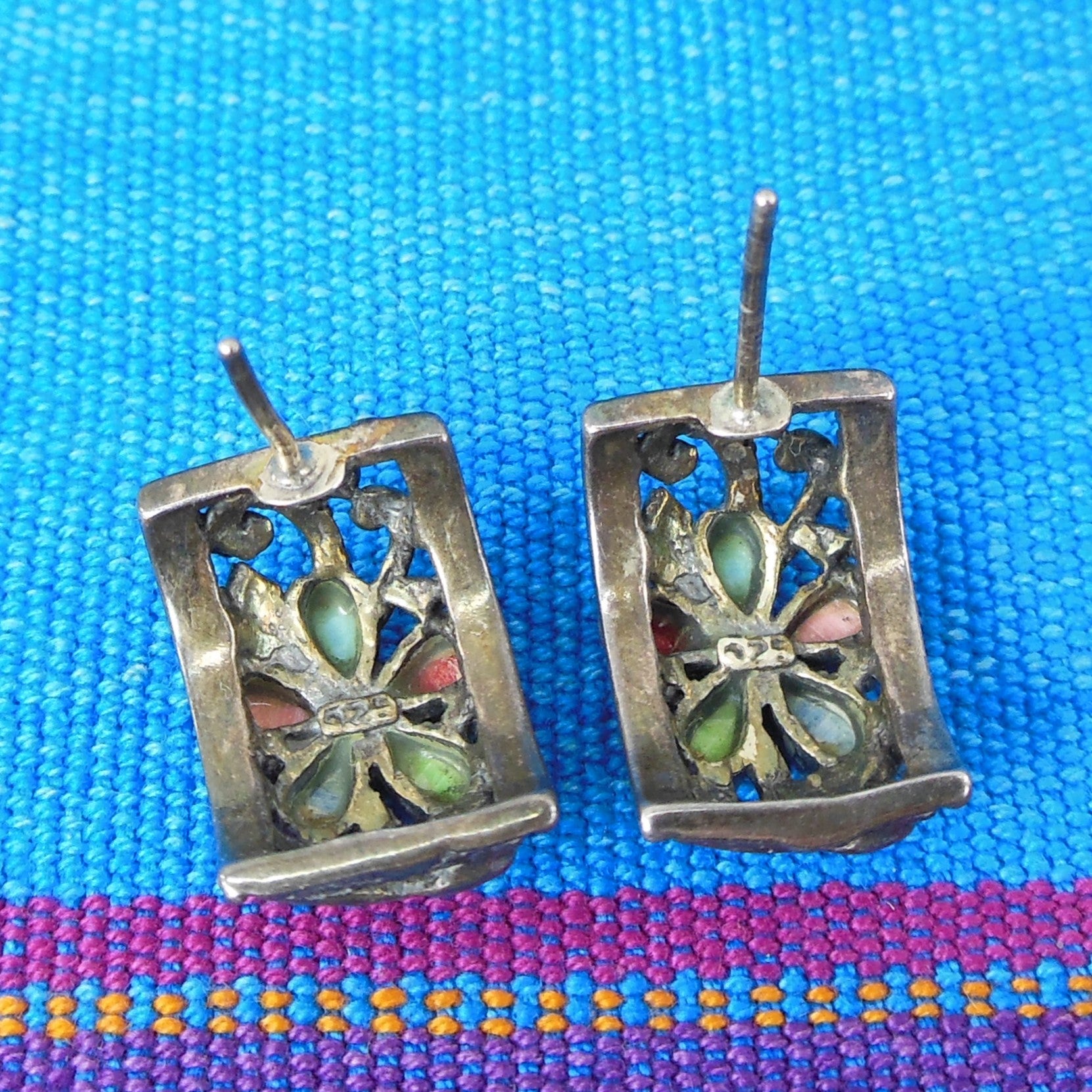 Zuni Style 925 Sterling Silver Earrings Five Stone Petal used Pierced Turquoise Coral Lapis