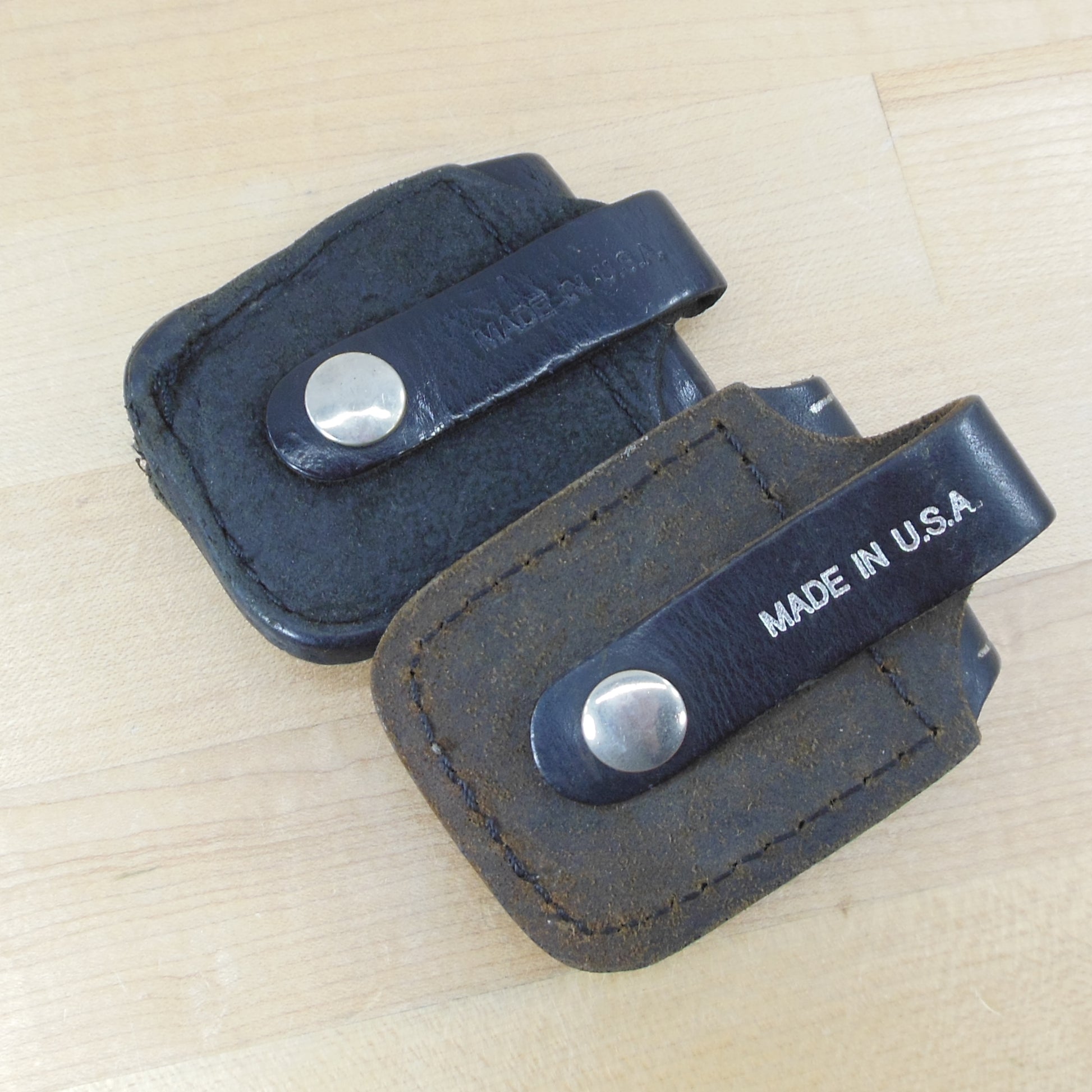 Zippo Pair Black Leather Lighter Biker Belt Pouches Used