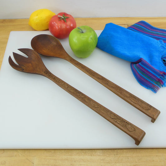 India Large Carved Rosewood 16" Salad Server Set