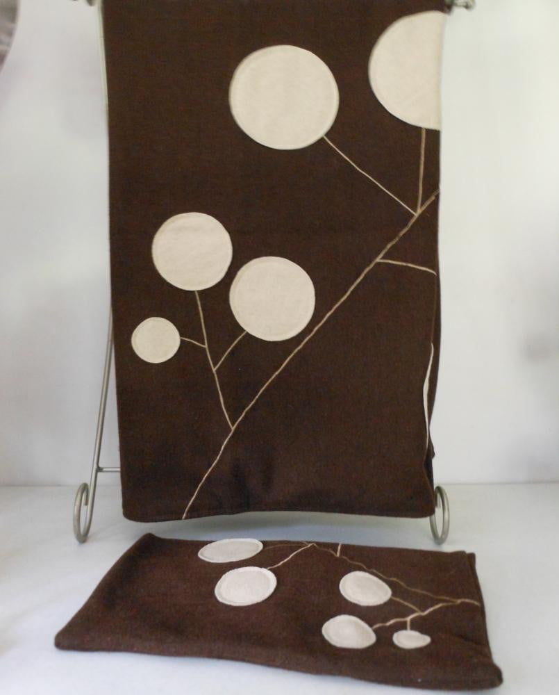 Wool Blend Blanket and Pillow Cover Mod Design Applique Chocolate Brown INDIA