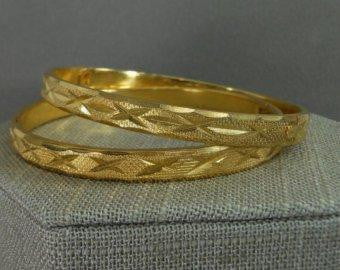 Pair Etched Bracelets Vintage Brushed Gold Tone Stackable