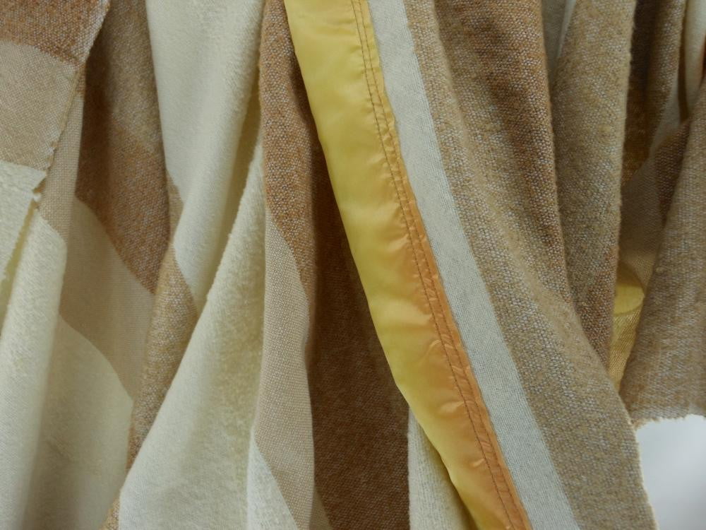 Sheer Wool Blanket Light Weight Blend Brown Bone Stripe Ombre Ribbon Binding hand made