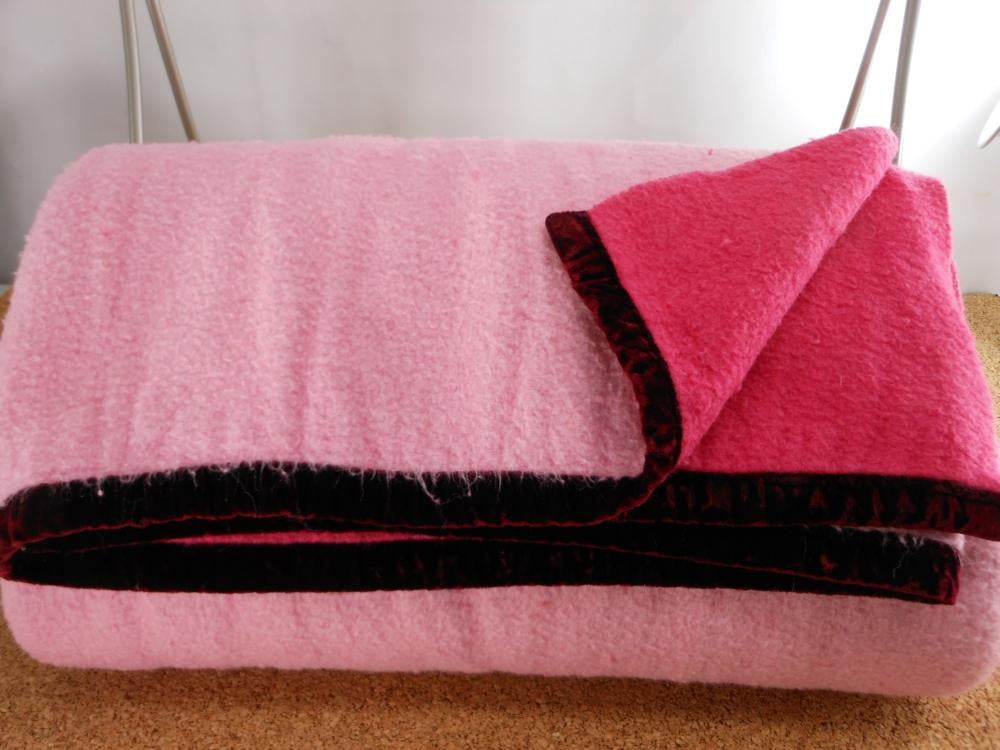 Vintage Blanket Reversible Pink Rose Velveteen Binding Poly Acrylic