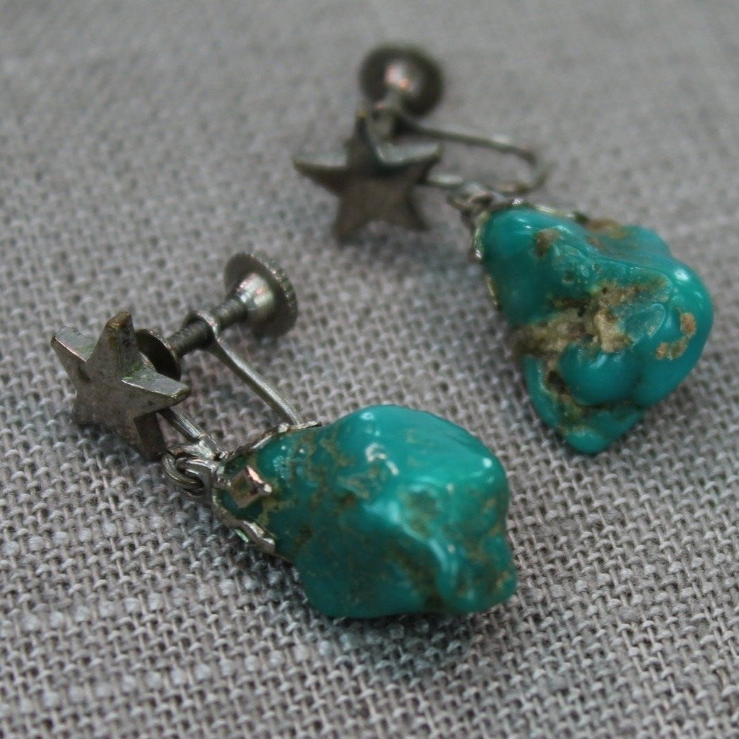 VintageTurquoise Earrings Nugget Star Dangle Screw Finding