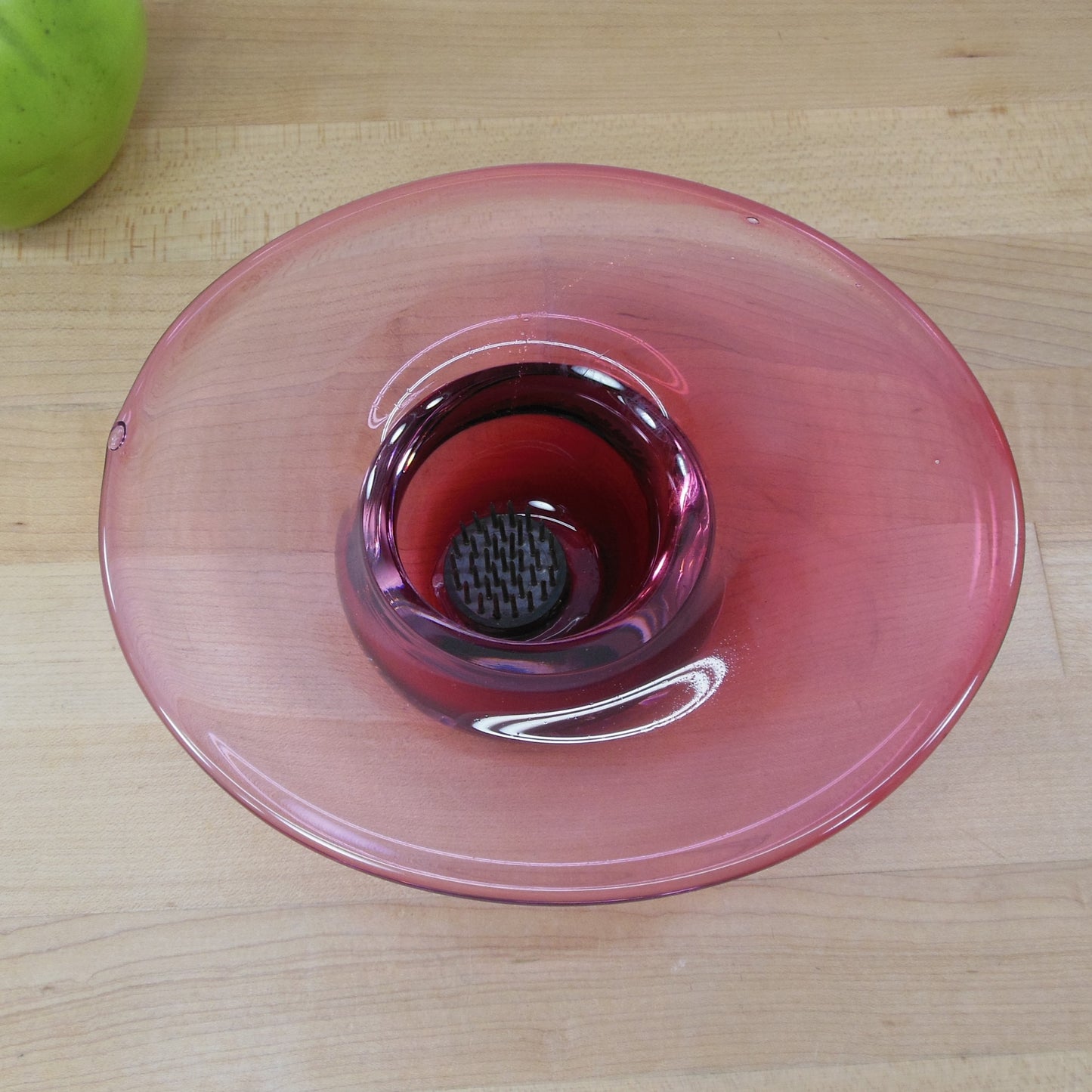 Tom Hesse Signed Cranberry Art Glass Ikebana Vase With Frog Oval