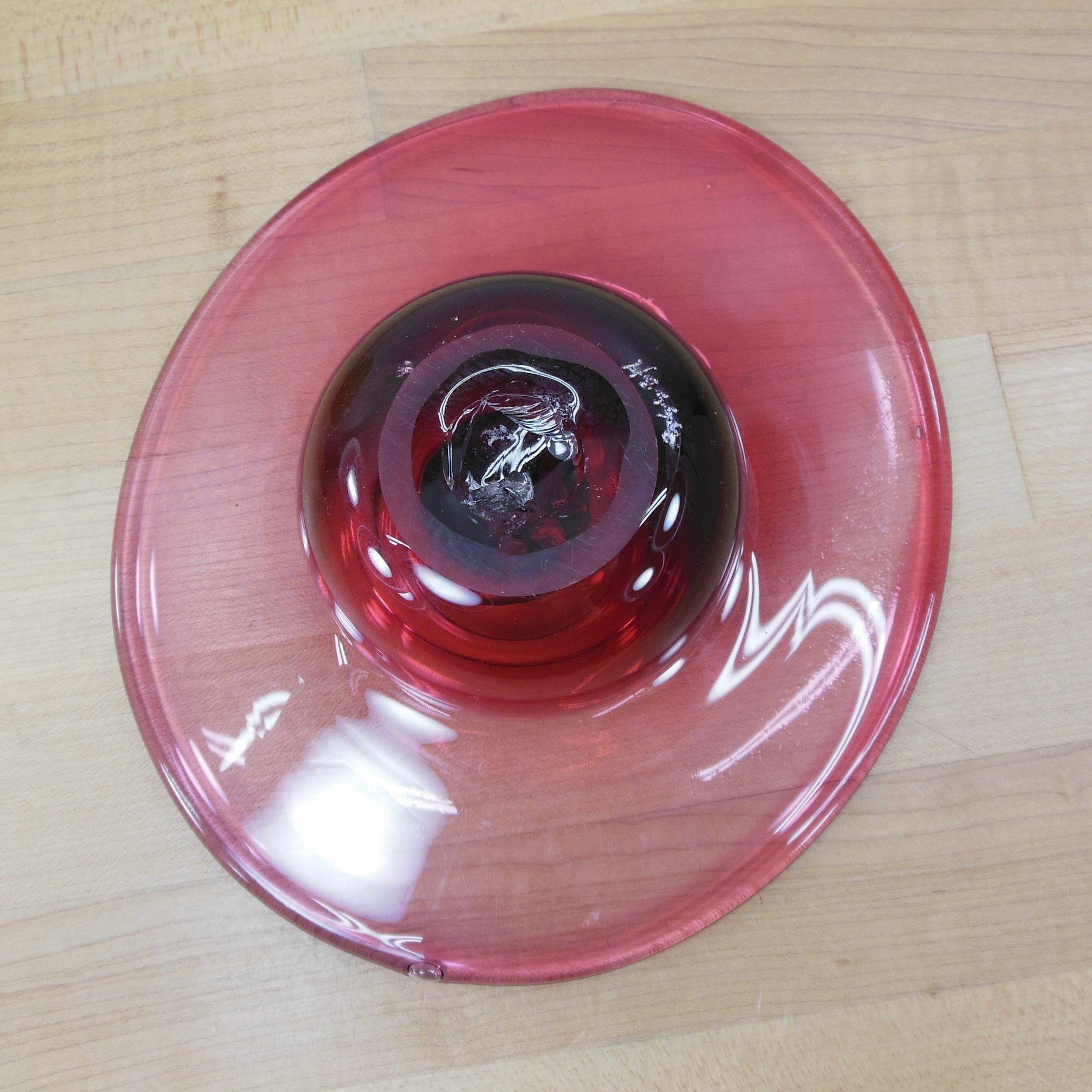 Tom Hesse Signed Cranberry Art Glass Ikebana Vase With Metal Spike Frog