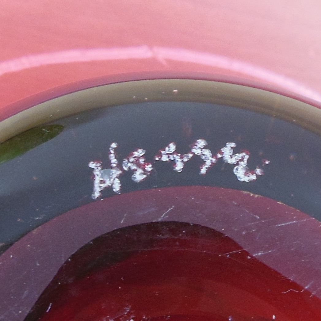 Tom Hesse Signed Cranberry Art Glass Ikebana Vase With Frog Flower Arraigning