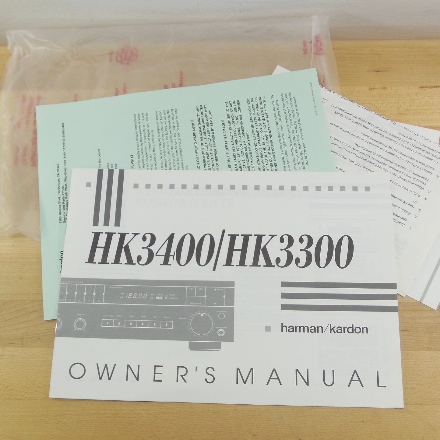 Harman Kardon HK3400 HK3300 Receiver Owner's Manual Papers.