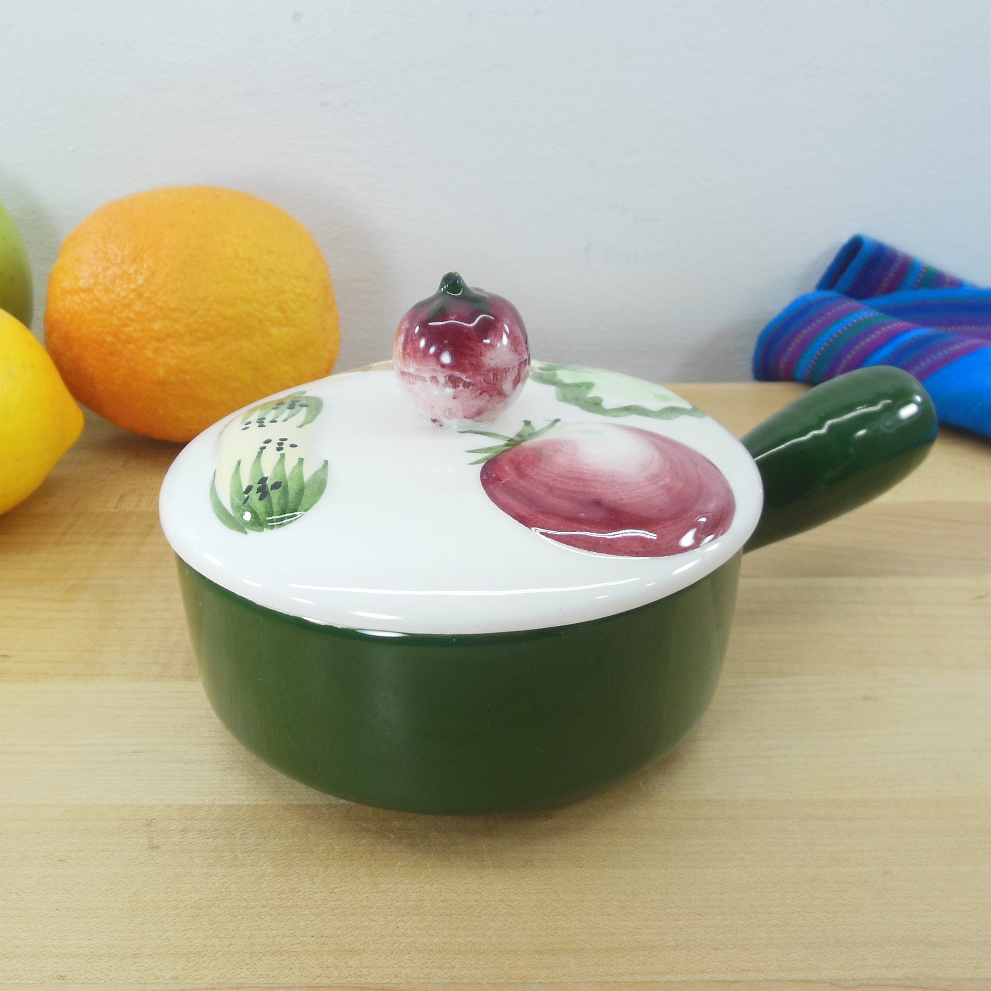 Vegetables Handpainted Fruit Finial Lidded Bowl Stub Handle