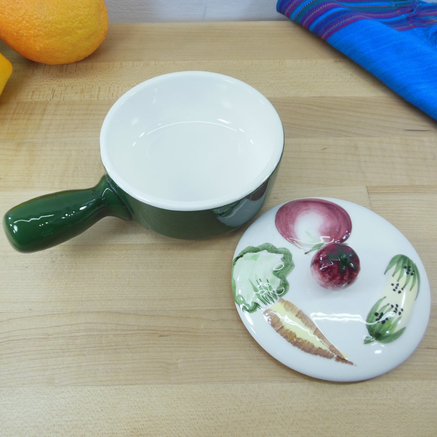 Vegetables Handpainted Fruit Finial Lidded Bowl Stub Handle Vintage