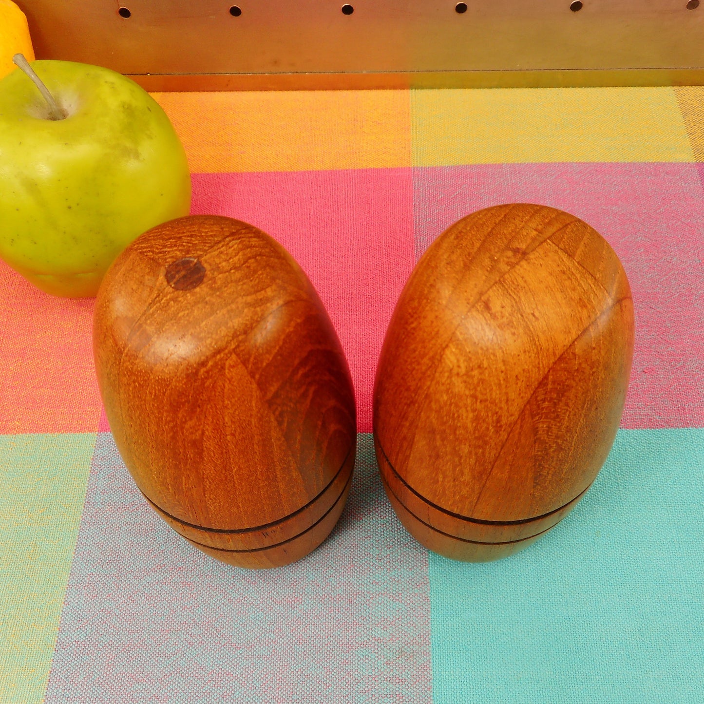 Nissen Digsmed Denmark Teak Pepper Salt Mill Set Egg Shape Black Bands Rare Danish Modern