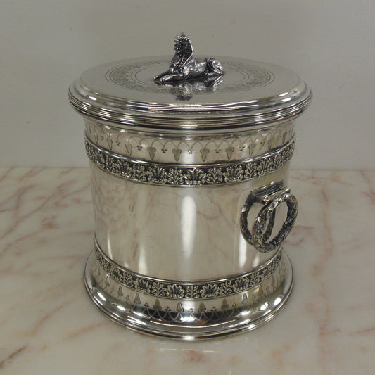 Silverplate Antique Egyptian Revival Sphinx Finial Biscuit Box Jar - 6 Arrow Mark