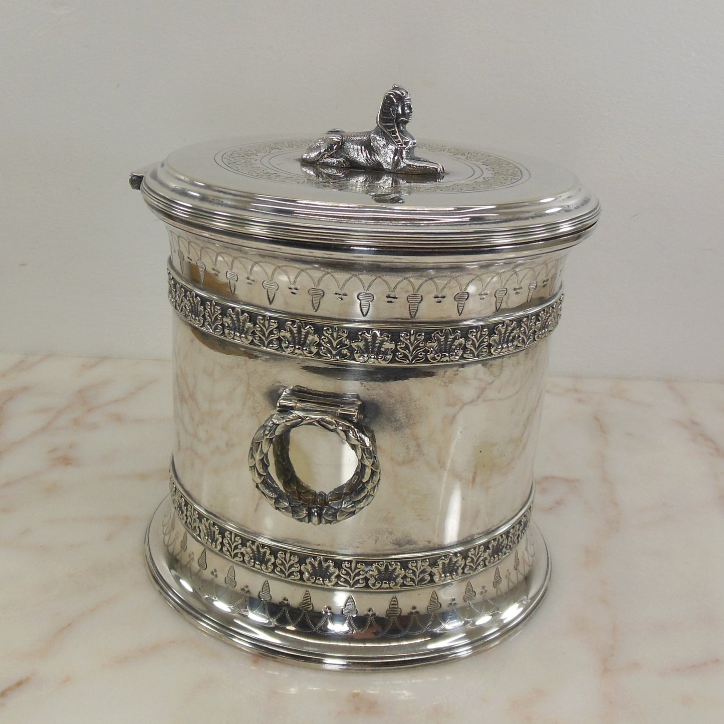 Silverplate Antique Egyptian Revival Sphinx Finial Biscuit Box Jar - 6 Arrow Mark Wreath Handles