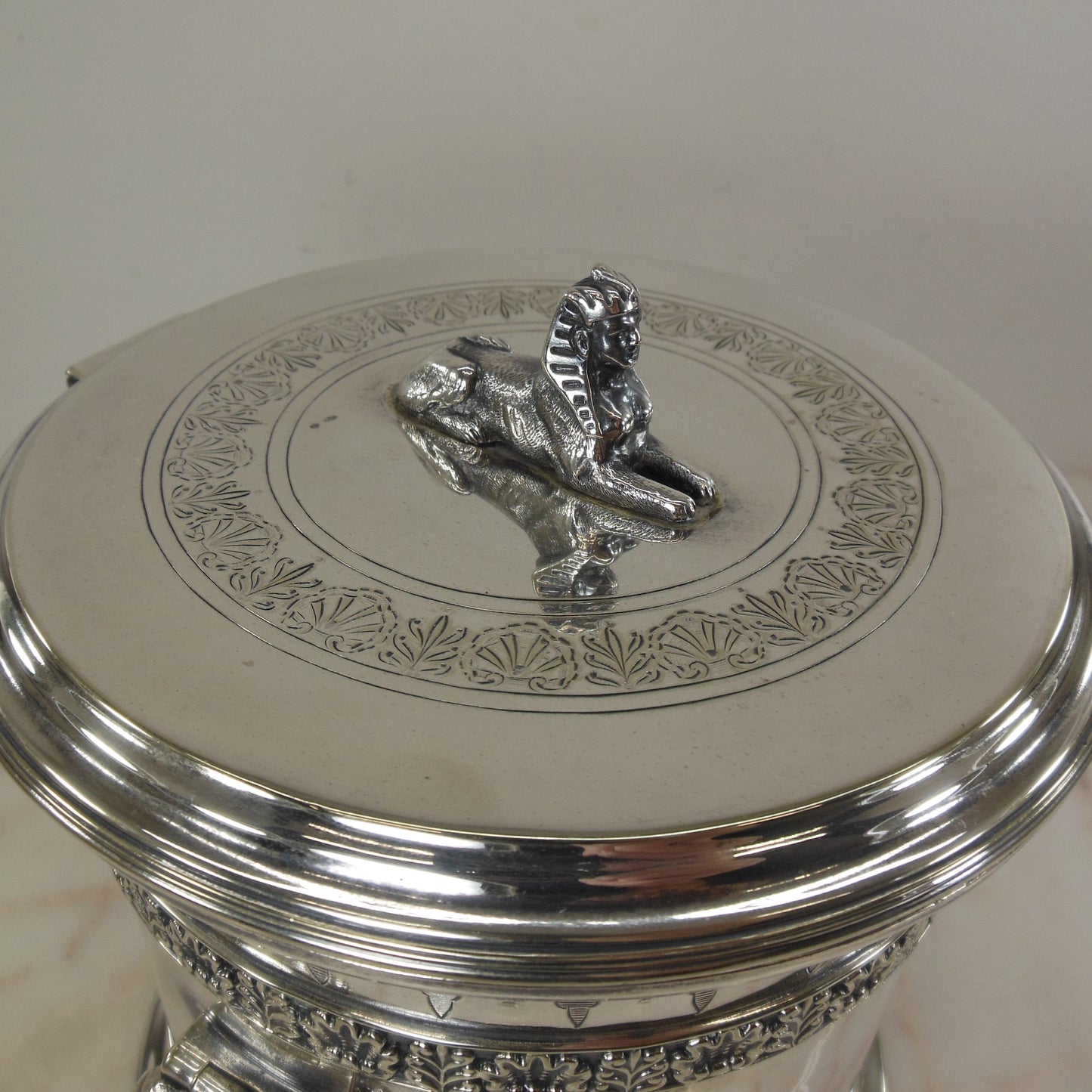 Silverplate Antique Egyptian Revival Sphinx Finial Biscuit Box Jar - 6 Arrow Mark Lid