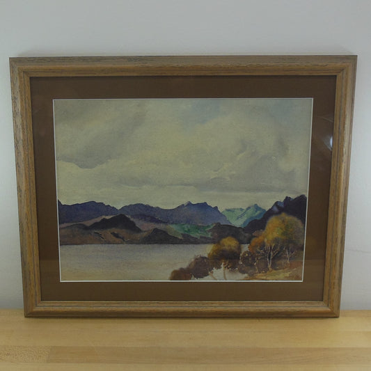 W.L. Signed 1953 Watercolor Painting Purple Mountains Lakes