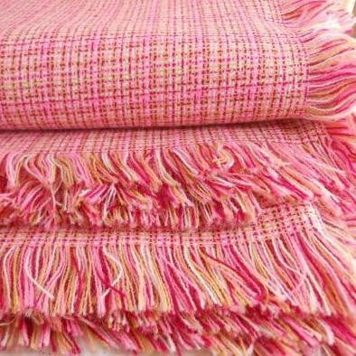 Fringed Woven Blanket Fine Light Wt Pinks Rose Yellow Fine Plaid