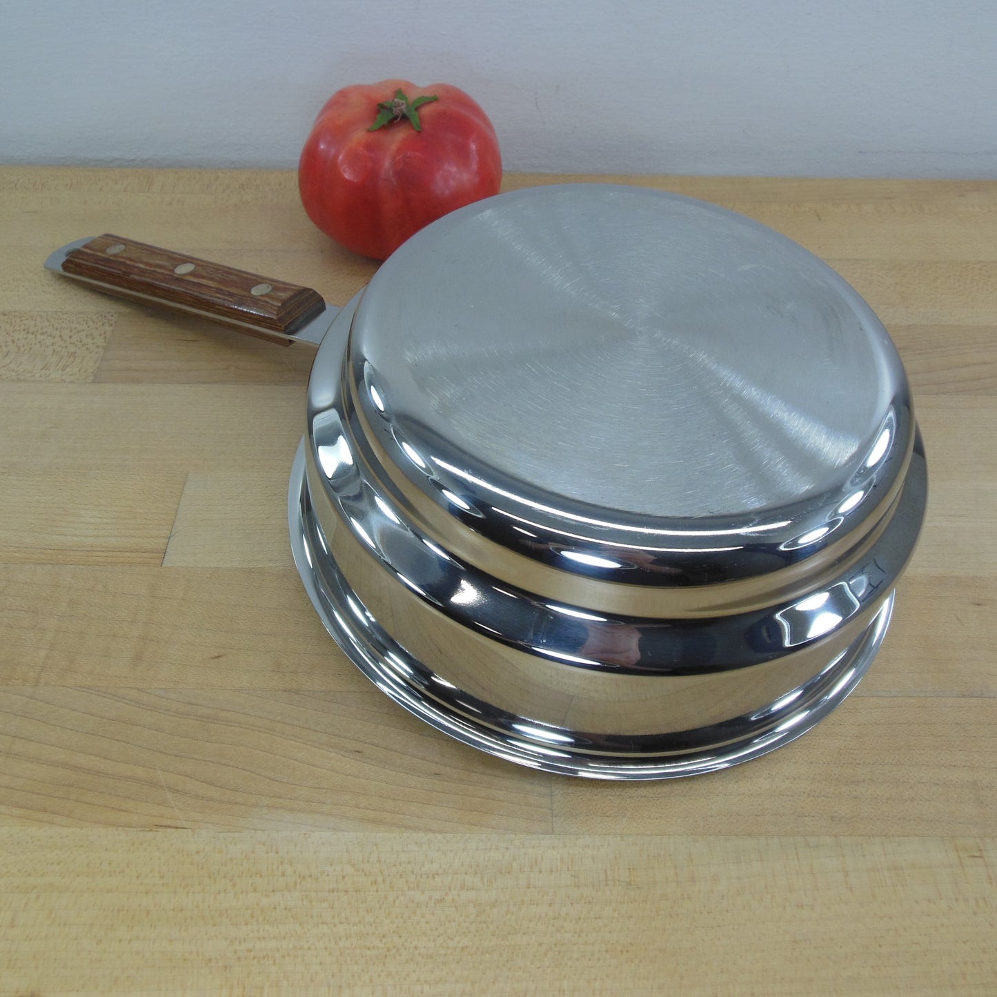 Cuisinart Style Stainless Double Boiler Insert for Sauce Pan - Teak Wood Handle Vintage