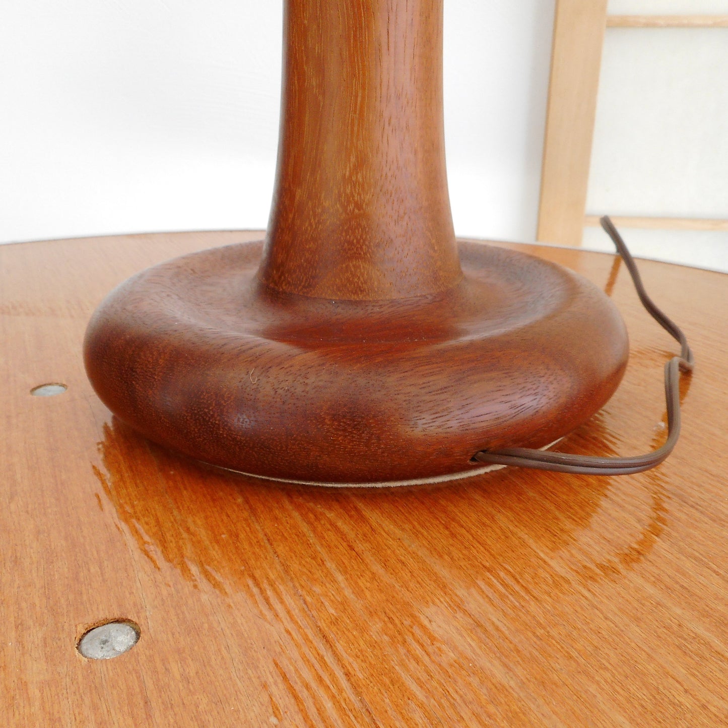 MCM Turned Teak Wood Table Lamp Mushroom Button Base Vintage
